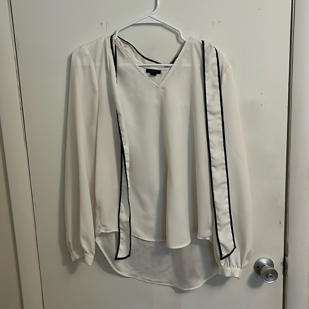 Ann Taylor white and black neck tie blouse